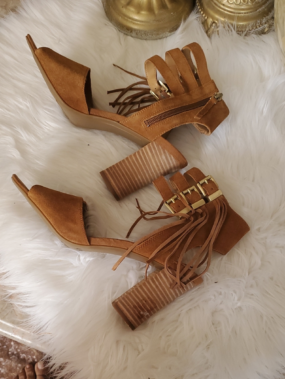 Franco Sarto Tan Suede Fringe Triple-Buckle Block Heel Sandals